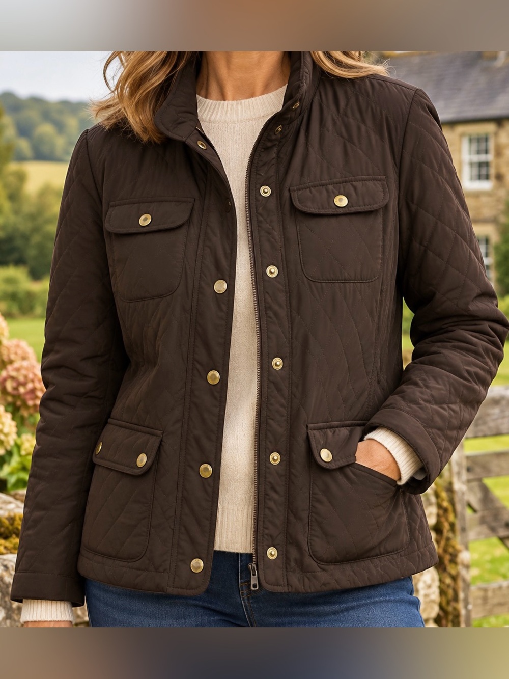 Talbots Petites Quilted Field Jacket M Dark Brown Zip Snap Equestrian